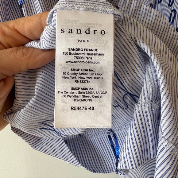 Sandro Bleu Ciel Mini Shirt Dress Pinstripes Sequins Blue White - Picture 12 of 14